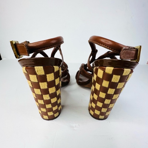 Tory Burch LAYCE Almond Woven Canvas Leather Heel Sandals - Size 6.5 - Picture 5 of 7